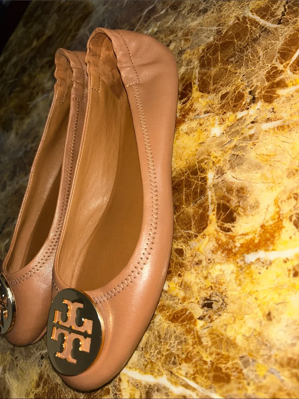 Tory Burch Camel Leather Logo Ballet Flats